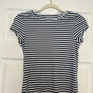 American Eagle Blue and White Fitted Ribbed Cap Sleeve Tee